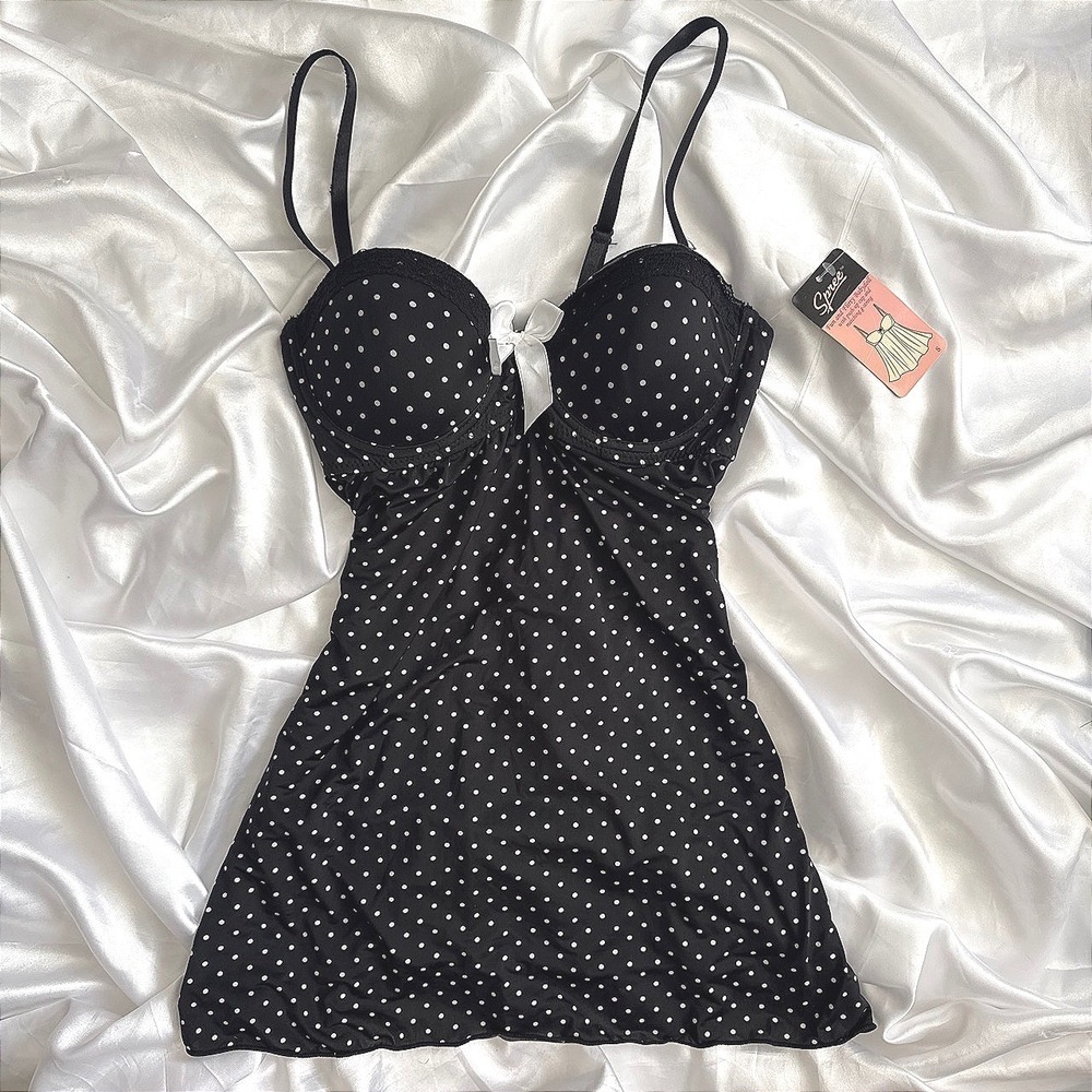 Spree Black Polka Dot Babydoll Chemise Padded Push Up Nightgown Small NWT